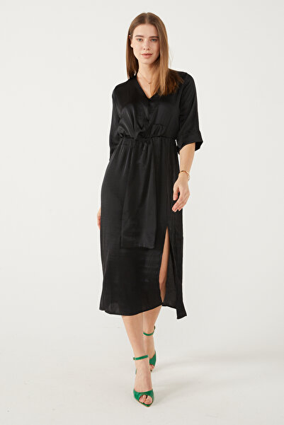 PAULMARK BEL DETAYLI SATEN ELBİSE