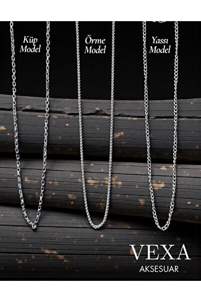 Vexa Aksesuar 3-Piece Chain Necklace Set – Cube, Knitted and Flat Model – Uni...
