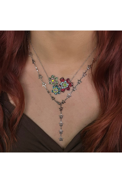 STAİNLES Kristal Bahçesi Çift Katmanlı Kolye - Renkli Çiçek ve Yıldız Detaylı