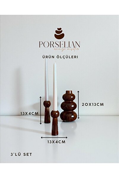 Porselian 3'lü Dekoratif Obje Seti - Kahverengi Modern Balon Vazo ve 2'li Şam...