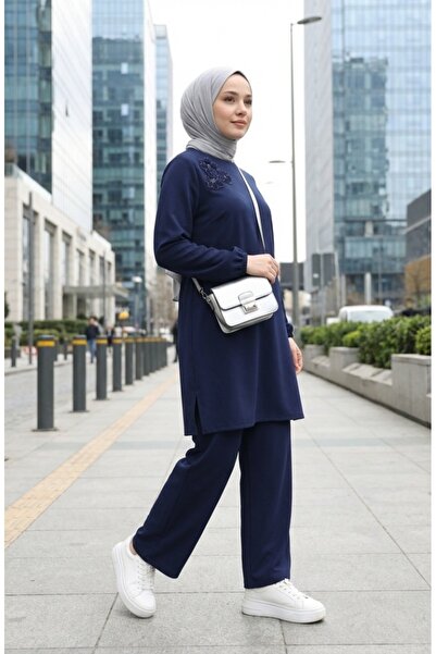 sefamerve Stone Embroidered Tunic Trousers Double Suit 0230-03 Navy Blue
