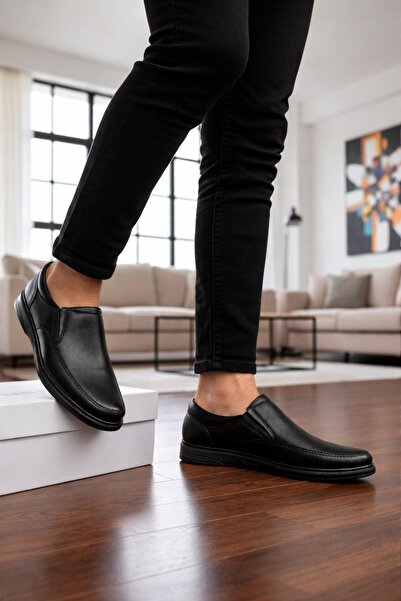 Ekinci Erkek Siyah Hakiki Deri Ortopedik Düz Tabanlı Günlük Rahat Şık Klasik ...