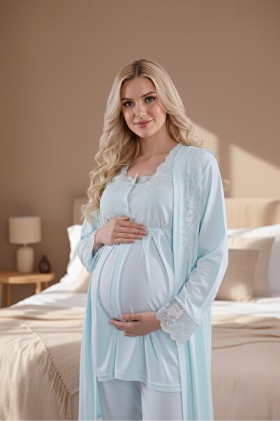 Lohusa Homewear Women's Turquoise Long Dressing Gown Special Design Lace Deta...