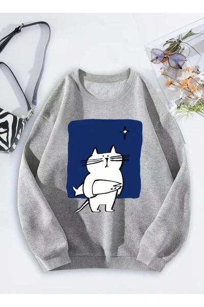 Oceanwear سترة رياضية مسطحة للجنسين من Cute Cat مطبوع برقبة دائرية مبطن بالصوف