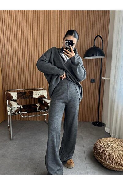 elbisereyonda Zipper Collar Oversized Tricot Double Set