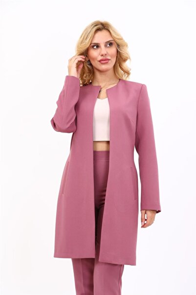 ÖNDER ÖZSOY Zero Collar Straight Long Jacket-Rose