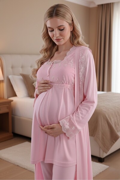 Lohusa Homewear Women's Pink Long Dressing Gown Special Design Lace Detailed ...