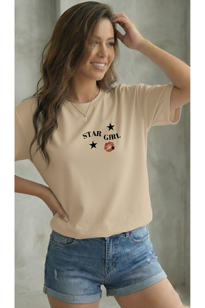 BUWOM Γυναικείο μπλουζάκι με στάμπα Star Girl με λαιμόκοψη ποδηλάτου
