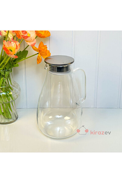 KirazEv Süzgeç Kapaklı Borosilikat Büyük Cam Sürahi