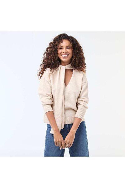 KIABI Chunky Knit Sweater with Scarf BEIGE