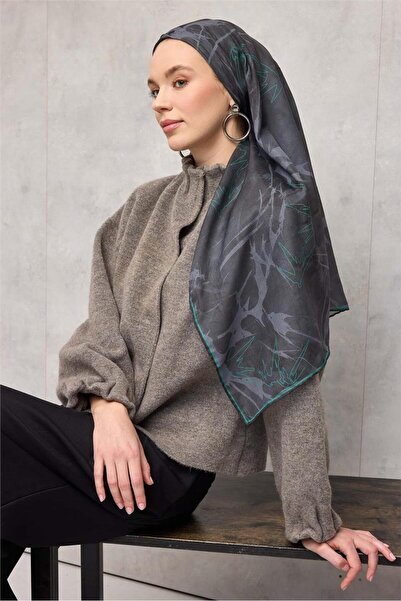 Silk Home Eșarfă moale din bumbac poliester cu model frunze albastru antracit...