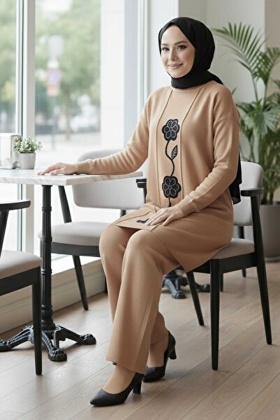 TOFİSA Flower Sequin Detailed Knitwear Double Suit Mink - 28126-Vizon