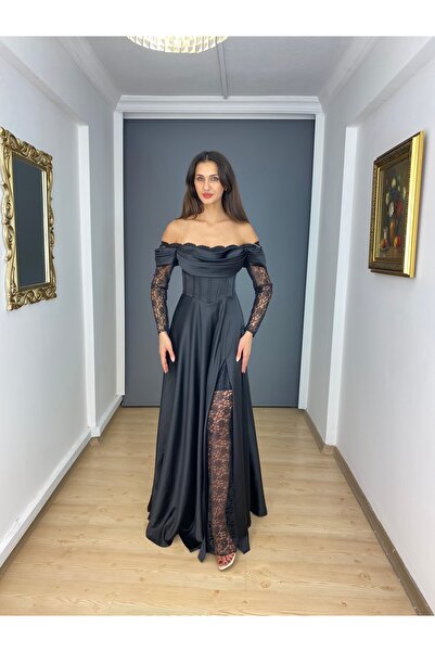gökkuşagı moda Siyah Saten Kayık Yaka Uzun Kollu Dantel Detaylı Sırtı İp Bağl...