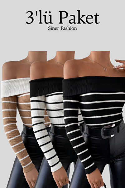 Siner Fashion Women's 3-Pack Madonna Collar Long Sleeve Blouse