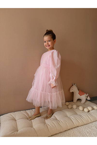 penu baby kids Pembe Eteği Tül Fırfırlı Kemerli Kol Ucu Tül Detaylı Uzun Kol ...