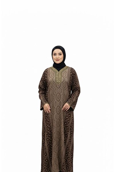 DADO BELLA Kahverengi Baskılı Yaka Nakış İşlemeli Tesettür Elbise