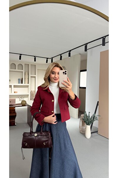 Sezgi Tekin Gold Button Detail Suede Burgundy Jacket