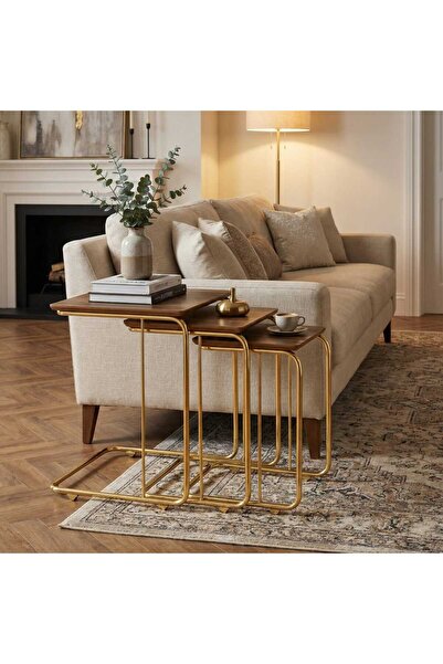 ModernEvveOfis C Tekerlekli Zigon Sehpa MDF Gold Kaplamalı - Lake Boyalı Kena...