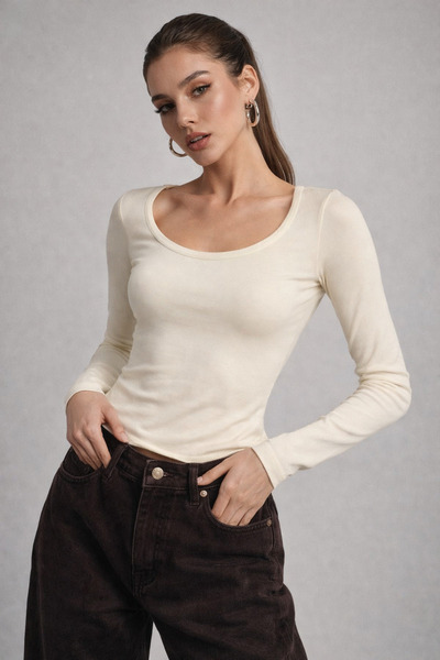 WILD BEE Kadın Krem U Yaka Esnek Uzun Kollu Pamuklu Bluz