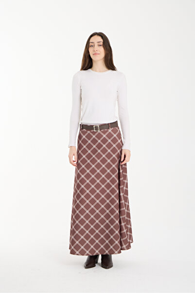 MODAMERSİ تنورة نسائية واسعة ذات نمط مربعات بلون بني مرير مع حزام