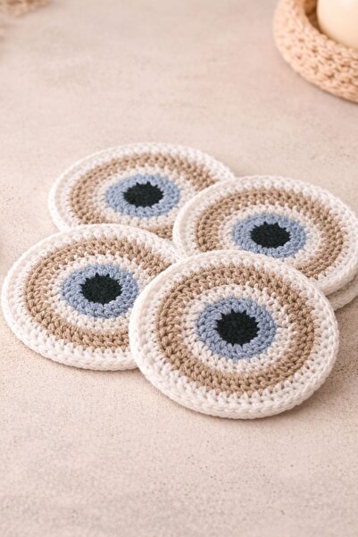 Elegancembroidery El Örgüsü Nazar Desenli Bardak Altlığı – 4’lü Set, Göz Deko...
