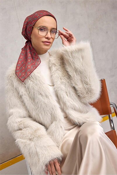 Silk Home Μαλακό κασκόλ από βαμβακερό πολυεστέρα Γεωμετρικό σχέδιο Μπεζ 90x90