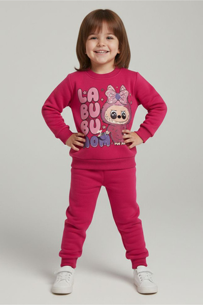 TOFİSA Girl's Fusya Printed Fleece-Lined Pajama Set - 28099-Fusya