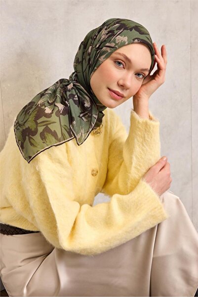 Silk Home Cotton Polyester Soft Scarf Large Daisy Pattern Khaki Green 90X90