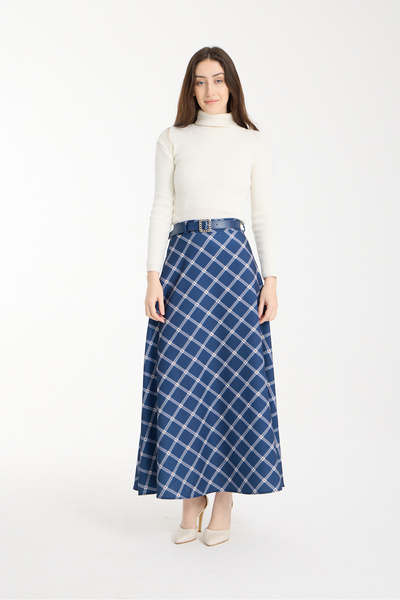 LE CARAMBOLE Women's Navy Blue Plaid Patterned Belted Flared Skirt