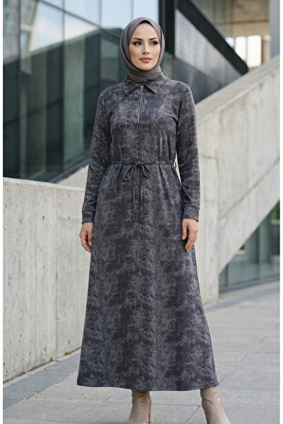 sefamerve Рокля с яка, цип и връзки отпред, изработена от модал 0235-02 Антрацит