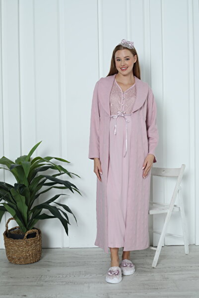 ERDENİZ TEKSTİL Pregnant Women's Jacquard Maternity Nightgown and Robe Set / ...