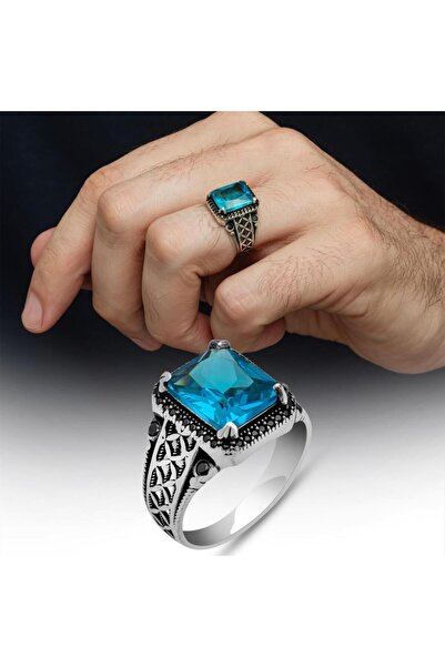 ALYANSEVİM Kare Aqua Mavi Taşlı Harfli 925 Gümüş Yüzük Erkek