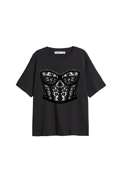 Bak Moda Top din dantelă cu imprimeu croi relaxat Negru Femei tricou