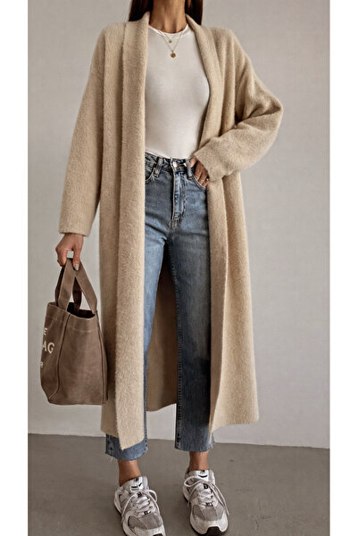 Perry Boutique Women's Oversized Angora Long Knitwear Cardigan Stone Color