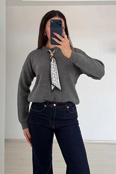 Güneş Oversize Polo Yaka Triko Kazak (Fularlı)