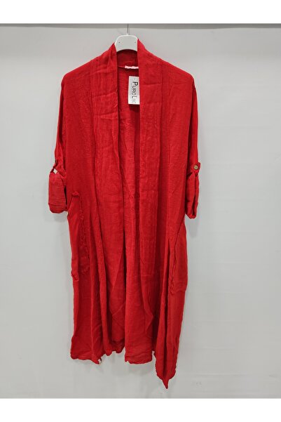 della moor Women's Red Italian Foldable Long Linen Kaftan with Sleeves and Po...