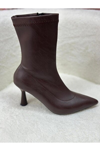 Melo shoes ince topuk çorap bot kahve