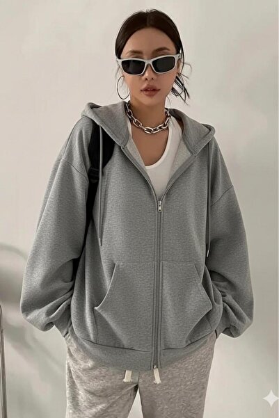 CAST COLLECTİON Kadın Gri Fermuarlı Kapşonlu Hırka Ceket