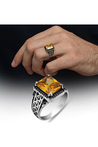 ALYANSEVİM Kare Sarı Zirkon Taşlı Harfli 925 Gümüş Yüzük Erkek