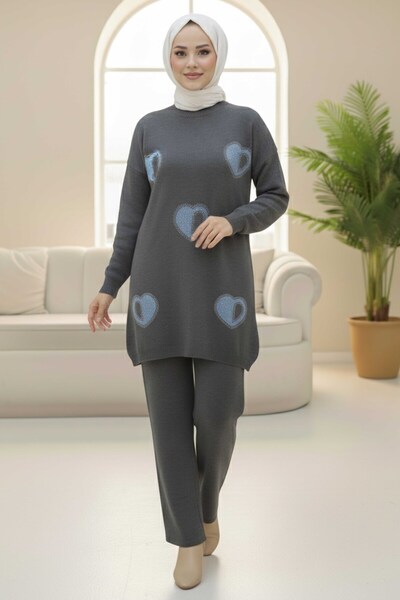 TOFİSA Heart Stone Detailed Knitwear Two-Piece Set Anthracite - 28123-Antrasit