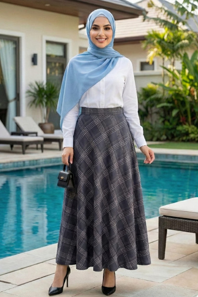 Hb Harma Time Butik تنورة نسائية منقوشة من القماش باللون الأزرق الداكن