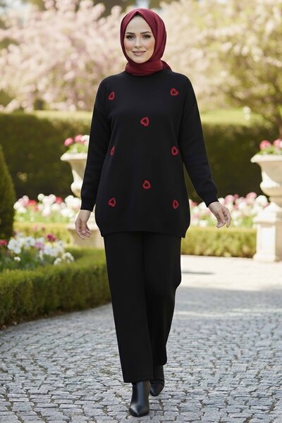 TOFİSA Heart Detailed Knitwear Double Suit Black - 28124-Black