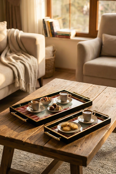 Porsima 4388 Set of 2 Decorative Rectangular Serving Trays - Tea and Coffee B...