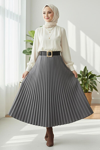 TOFİSA Pleated Belted Suede Skirt Smoked - 28092-Fume