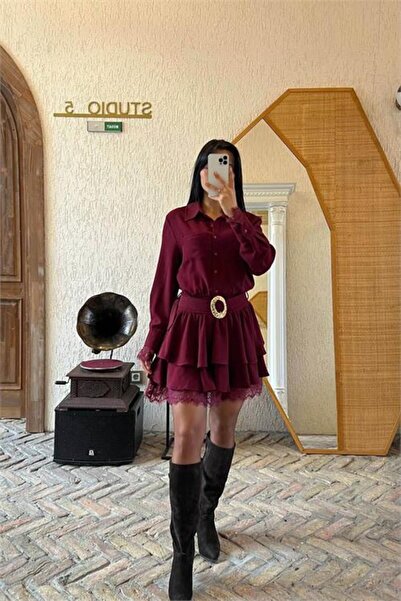 Dipmoda Kadın bordo gömlek yaka dantel detaylı kat kat mini elbise DPMY3858