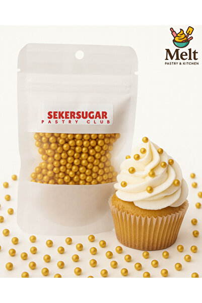 melt pastry & kitchen Pasta Süsleme Şekeri Boncuk Şeker 4 mm Altın 40 gr.Spri...