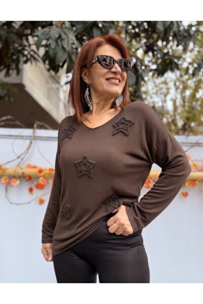 DenizEge Tricotaj cu decolteu în V cu model mic, maro amar