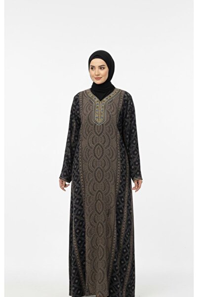 DADO BELLA Antrasit Baskılı Yaka Nakış İşlemeli Tesettür Elbise