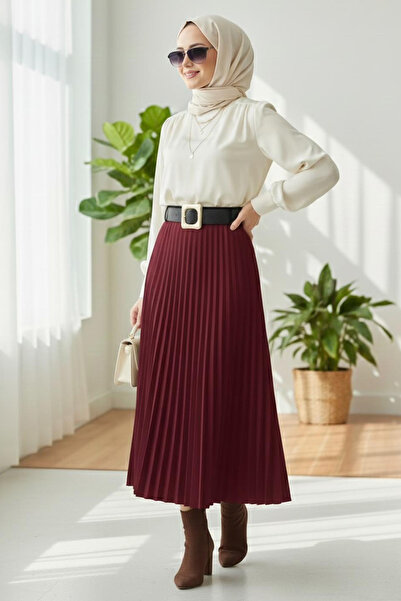 TOFİSA Pleated Belted Suede Skirt Burgundy - 28092-Bordo