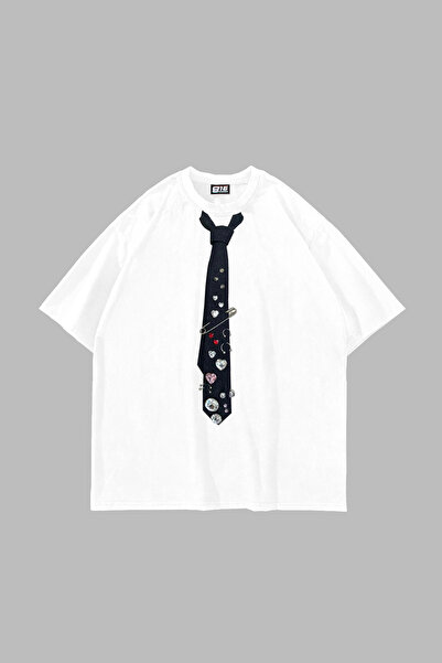 Bak Moda Tie Printed Oversized Unisex White Tshirt